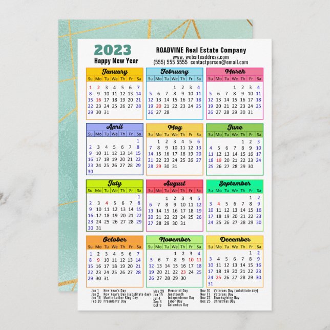 2023 Calendar Mint Green Stripes Modern Corporate Holiday Card (Front/Back)