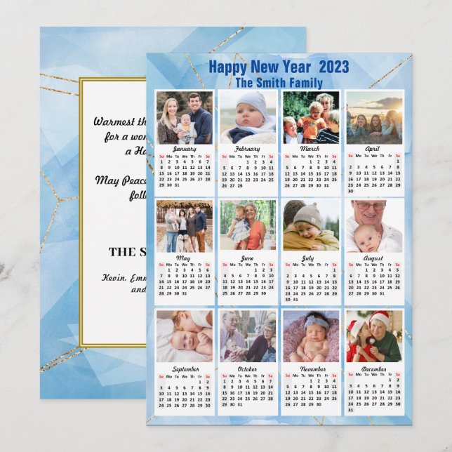2023 Calendar Modern Family 12 Photo Blue Gold Holiday Card (Front/Back)