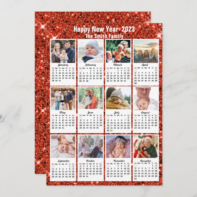 2023 Calendar Modern Family 12 Photo Red Glitter Holiday Card (Front/Back)