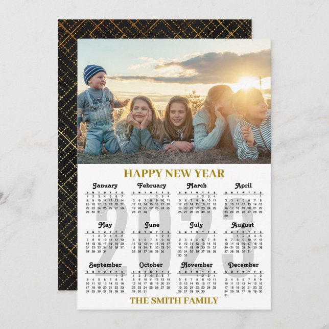 2023 Calendar Modern Gold and Black Script Photo Holiday Card (Front/Back)