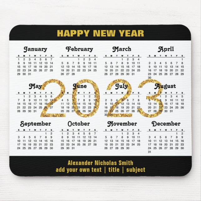 2023 Calendar Modern Gold Black Script Minimalist Mouse Pad (Front)