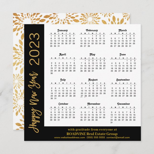 2023 Calendar Modern Gold Script on Black Business Holiday Card (Front/Back)