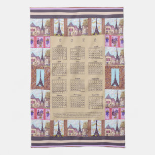 2023 Calendar Paris Eiffel Tower Pointillism Art Tea Towel