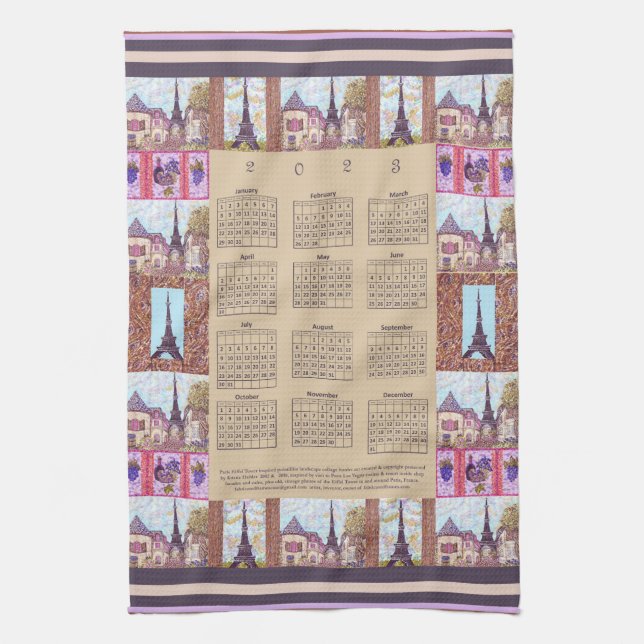 2023 Calendar Paris Eiffel Tower Pointillism Art Tea Towel (Vertical)