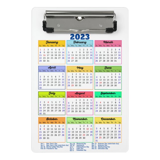 2023 Calendar with Public Holidays Modern Blue Mini Clipboard (Front)