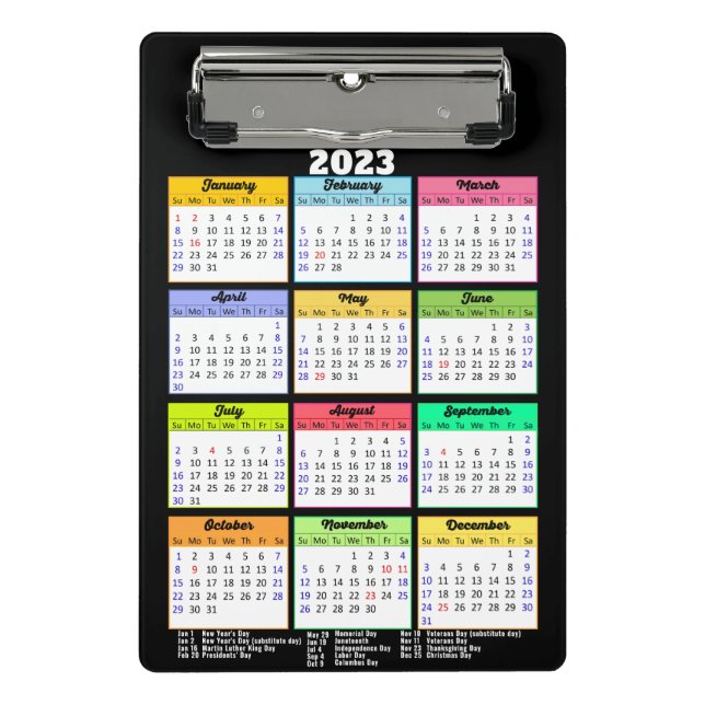 2023 Calendar with Public Holidays Modern Mini Clipboard (Front)