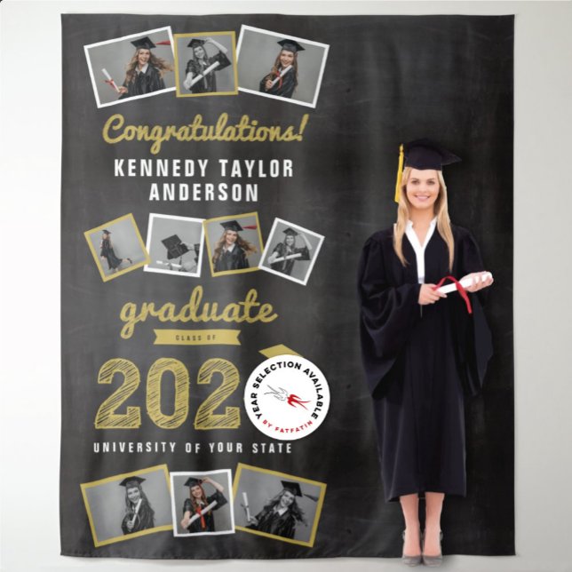 2023 Chalkboard Sketch Graduation 9 Photo Backdrop Tapestry (20YY Gold Sketch Black Chalkboard Graduation Party 9 Photo Backdrop @ www.zazzle.com/color_therapy)
