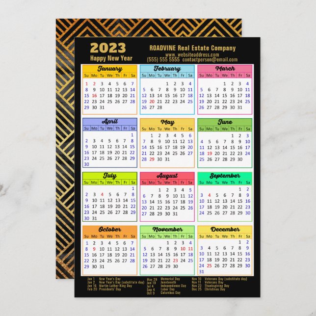 2023 Corporate Photo Gold Script Modern Calendar Holiday Card (Front/Back)