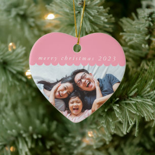 2023 FAMILY PHOTO simple cute scallop edge pink Ceramic Tree Decoration