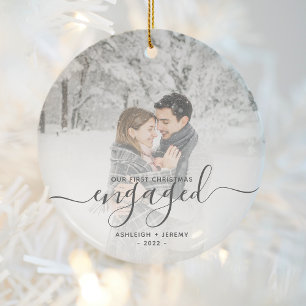 2023 First Christmas Engaged Photo Grey Script Ceramic Tree Decoration