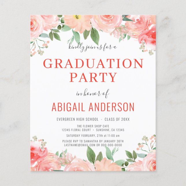 2023 Floral Coral Peach Photo Graduation Party  Flyer (Front)
