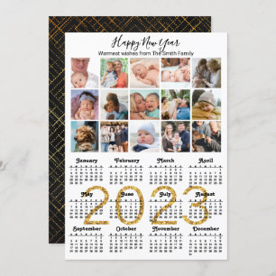 2023 Gold Script Calendar Photo Collage Modern Holiday Card