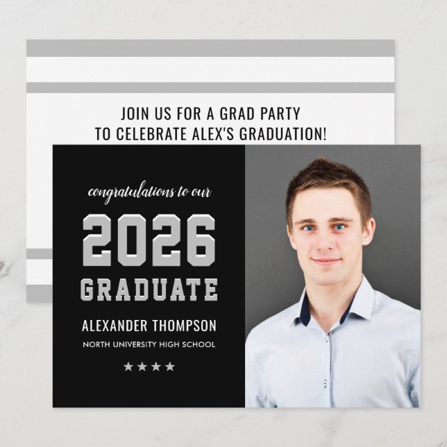 2023 Graduate Black Gray Graduation Party Photo Invitation (Front/Back)
