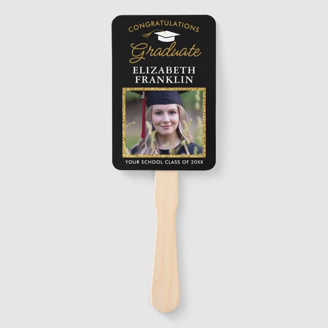 2023 Graduation Black and Gold Glitter Photo Hand Fan (Front)