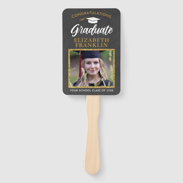 2023 Graduation Chalkboard Gold Glitter Photo Hand Fan (Front)