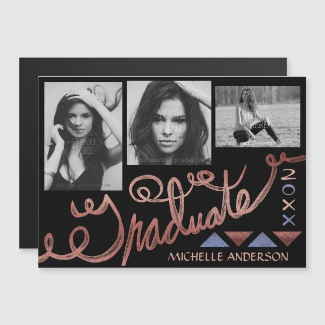 2023 Graduation Faux Rose Gold Text Photo Collage Magnetic Invitation (Front/Back)