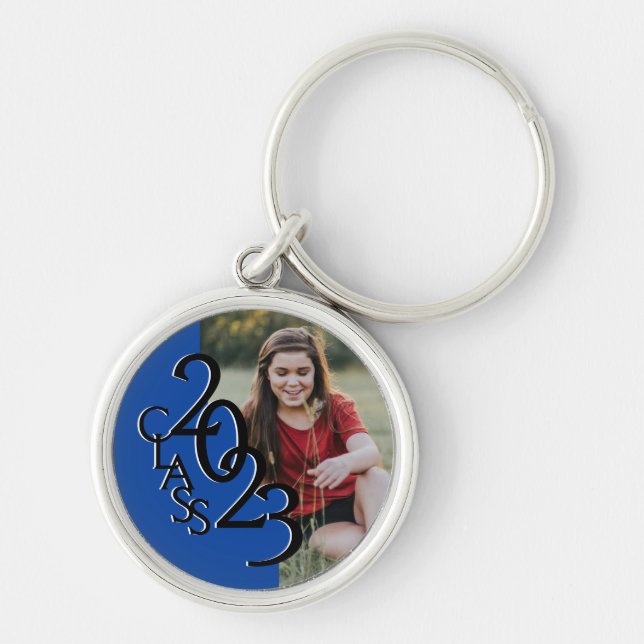 2023 Graduation Keepsake Photo Blue and Black Key Ring (Front)