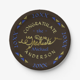 2023 Graduation Party Blue Brown Faux Gold Custom Paper Plate