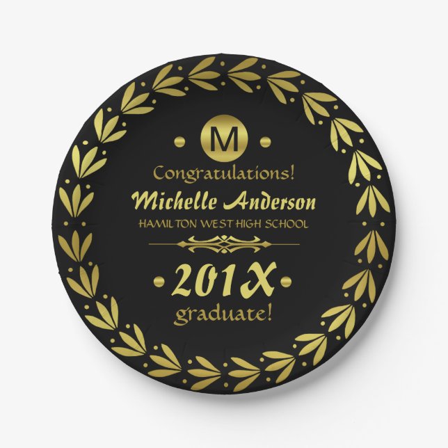 2023 Graduation Party | Laurel Wreath Gold Black Paper Plate (Front)