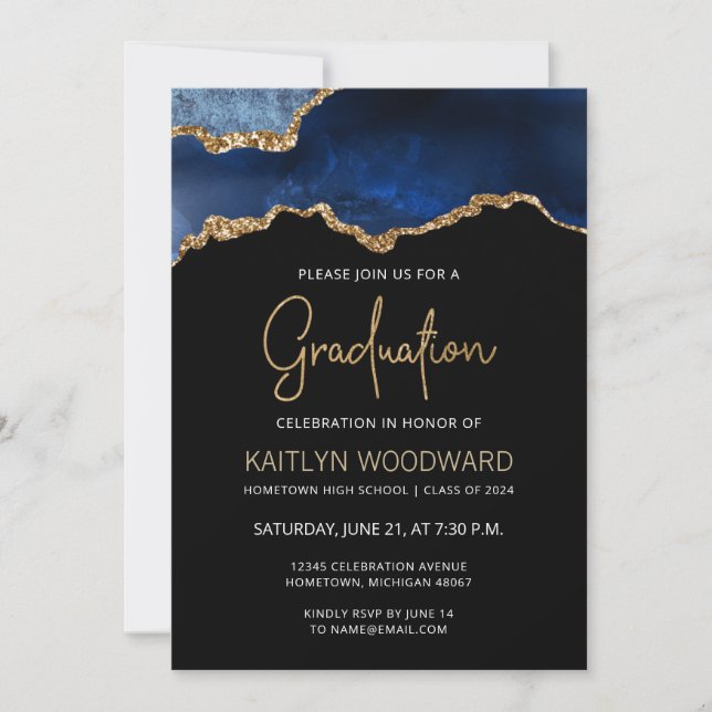 2023 Graduation Photo Blue Agate Gold Glitter Invitation (Front)