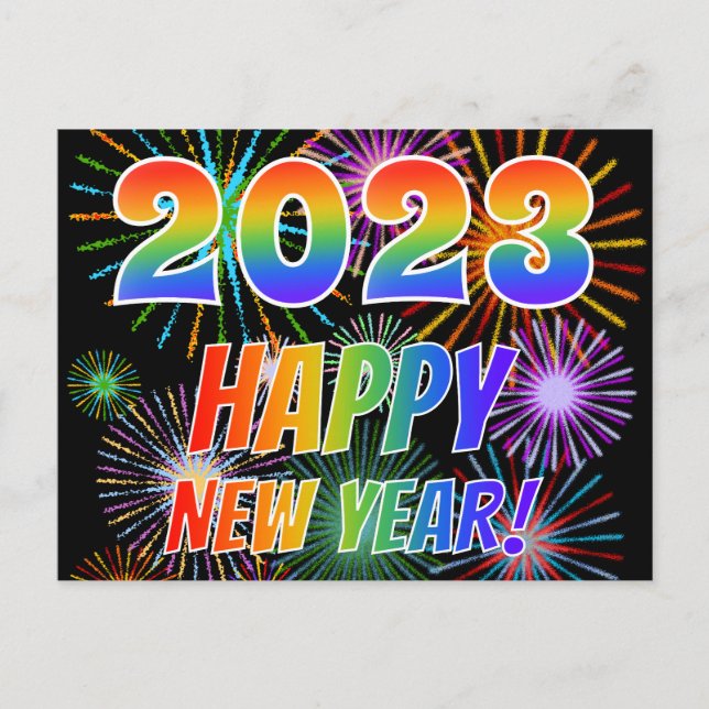2023 HAPPY NEW YEAR!, Colourful Fireworks Pattern Postcard (Front)