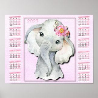 2023 Kids Calendar, Watercolor Elephant, Flowers Poster