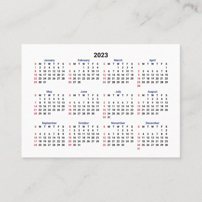 2023 Mini Calendar SUNDAY Start San Serif Font Business Card (Back)