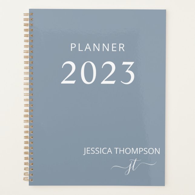 2023 Modern Girly Dusty Blue Monogram Name Planner (Front)