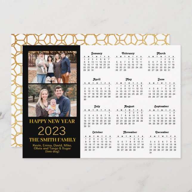 2023 Modern Gold Glitter Script 2 Photo Calendar Holiday Card (Front/Back)