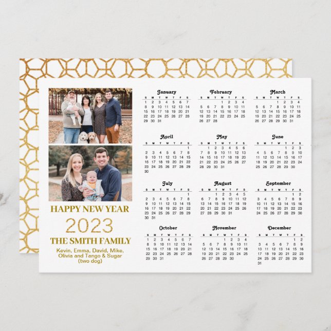 2023 Modern Gold Glitter Script 2 Photo Calendar Holiday Card (Front/Back)