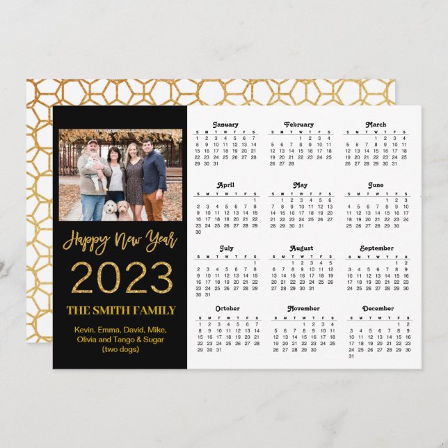 2023 Modern Gold Glitter Script Photo Calendar Holiday Card (Front/Back)