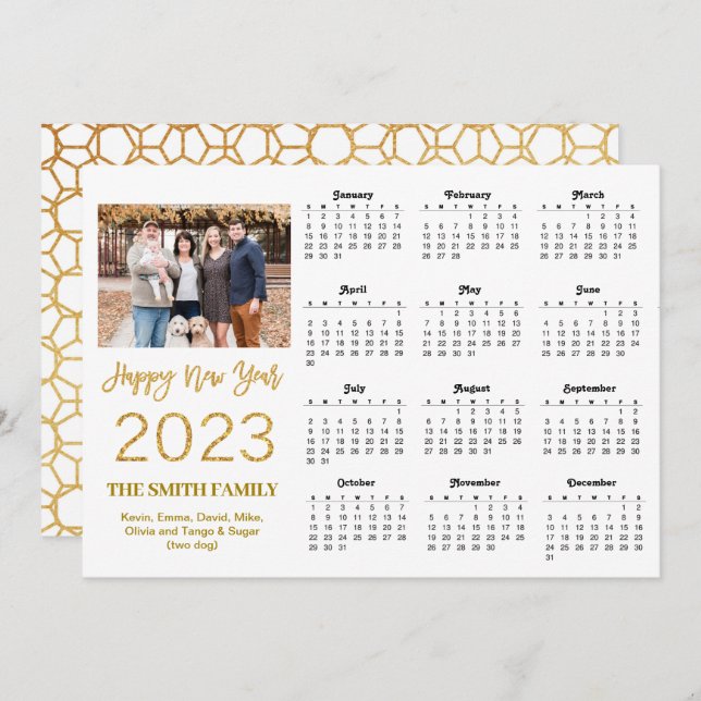 2023 Modern Gold Glitter Script Photo Calendar Holiday Card (Front/Back)