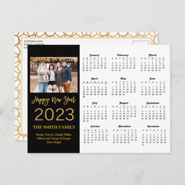 2023 Modern Gold Glitter Script Photo Calendar Postcard (Front/Back)