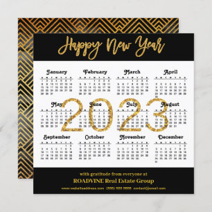 2023 Modern Gold Script on Black Business Calendar Holiday Card