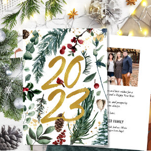 2023 New Year Festive Pine Bough Gold Script Photo Holiday Card