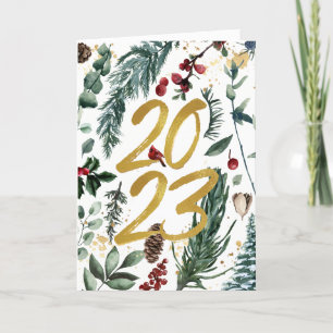 2023 New Year Gold Confetti Festive Pine Bough Holiday Card