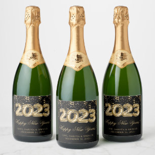 2023 New Years Gold and Black Balloon Confetti Sparkling Wine Label