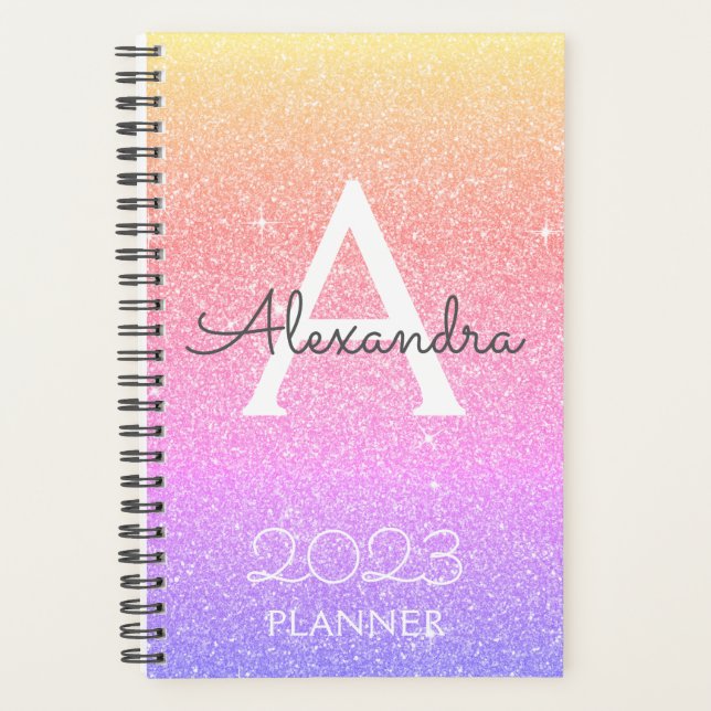 2023 Rainbow Pastel Glitter Sparkle Monogram Planner (Front)