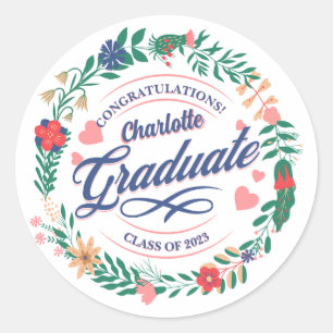 2023 Retro Flower Wreath Grad Party Napkins Classic Round Sticker