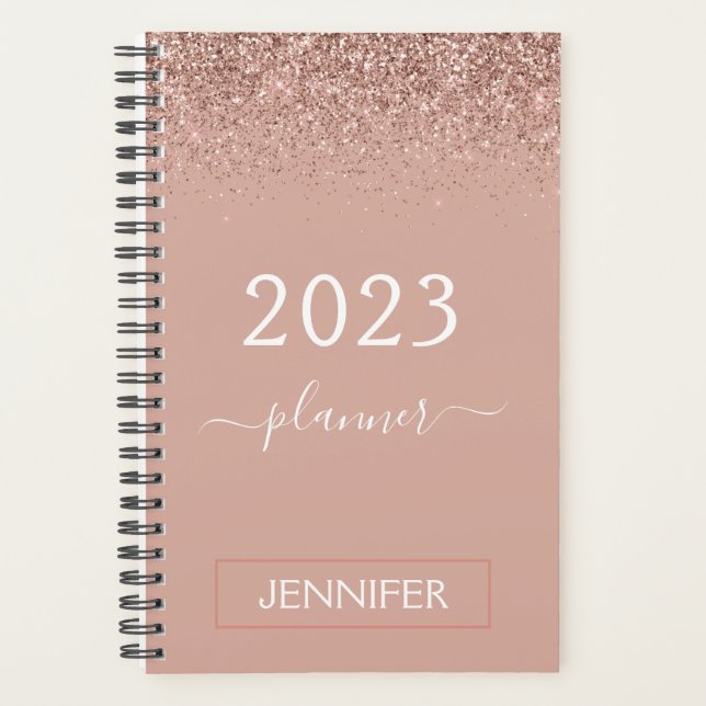 2023 Rose Gold Blush Pink Glitter Monogram Girly Planner (Front)
