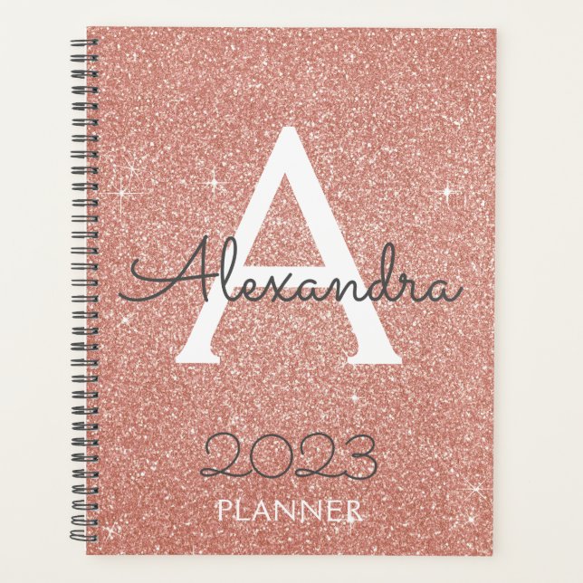 2023 Rose Gold Blush Pink Glitter Monogram Planner (Front)