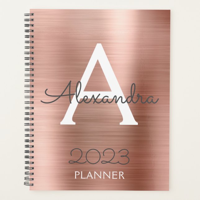 2023 Rose Gold Blush Pink Sparkle Monogram Planner (Front)