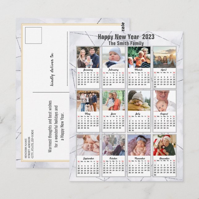 2023 Silver Gold Modern Family 12 Photo Calendar Postcard (Front/Back)