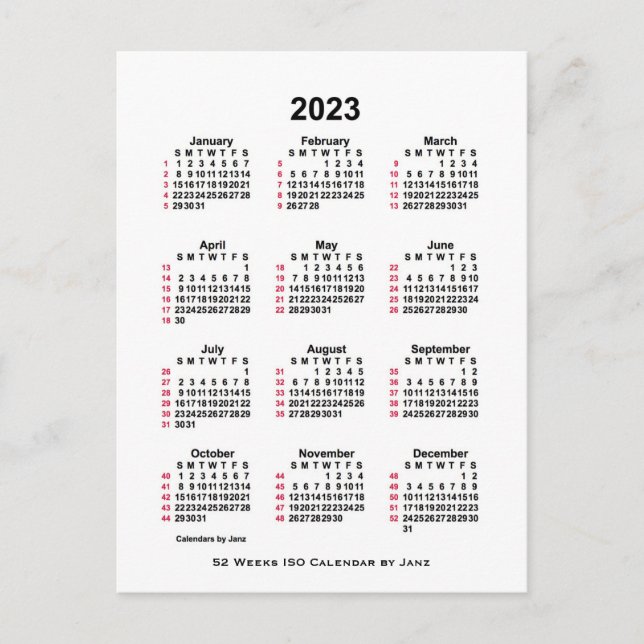 2023 White 52 Week ISO Calendar by Janz Postcard (Front)
