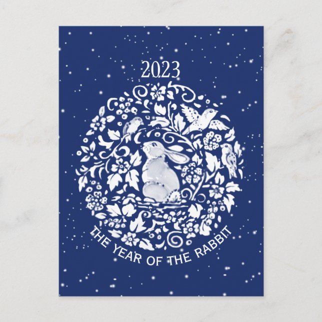 2023 Year of Rabbit Blue White Lunar Holiday Postcard (Front)