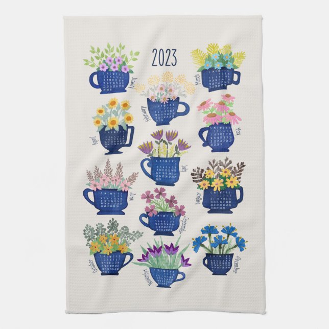 2023 Year Tea Towel Flowers in Tea Cups Tea Lovers (Vertical)