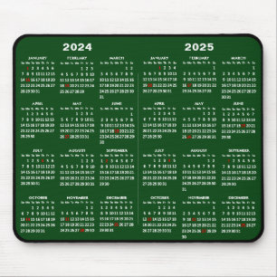 2024-2025 2 Year Calendar Simple Green US Holidays Mouse Pad