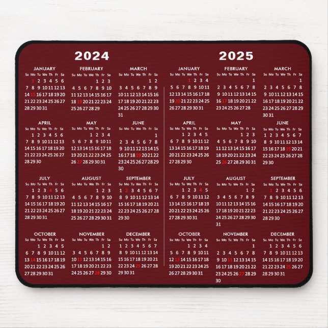 2024 - 2025 Calendar Simple Red with US Holidays Mouse Pad (Front)