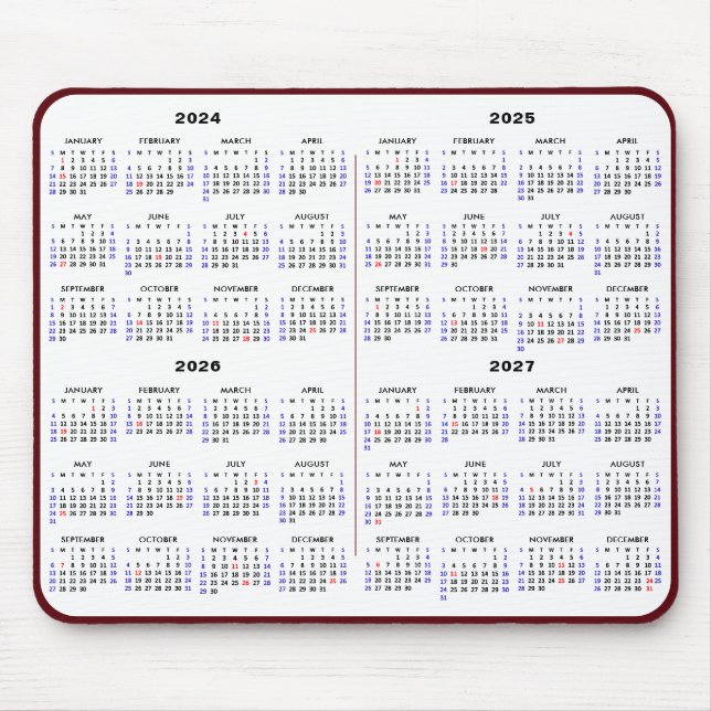 2024-2027 4 Year Calendar Simple Red US Holiday Mouse Pad (Front)