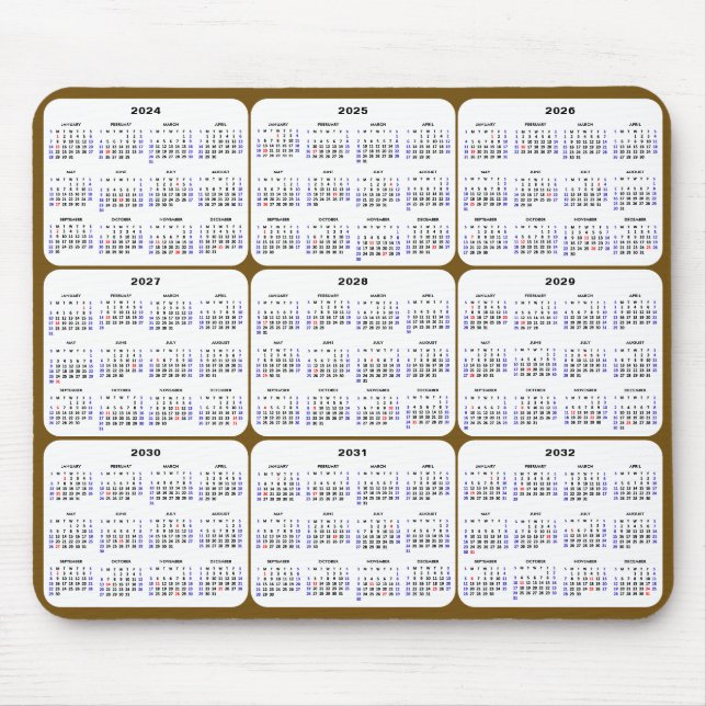 2024 - 2032 Calendar with US Holidays Brown Gold Mouse Pad (Front)